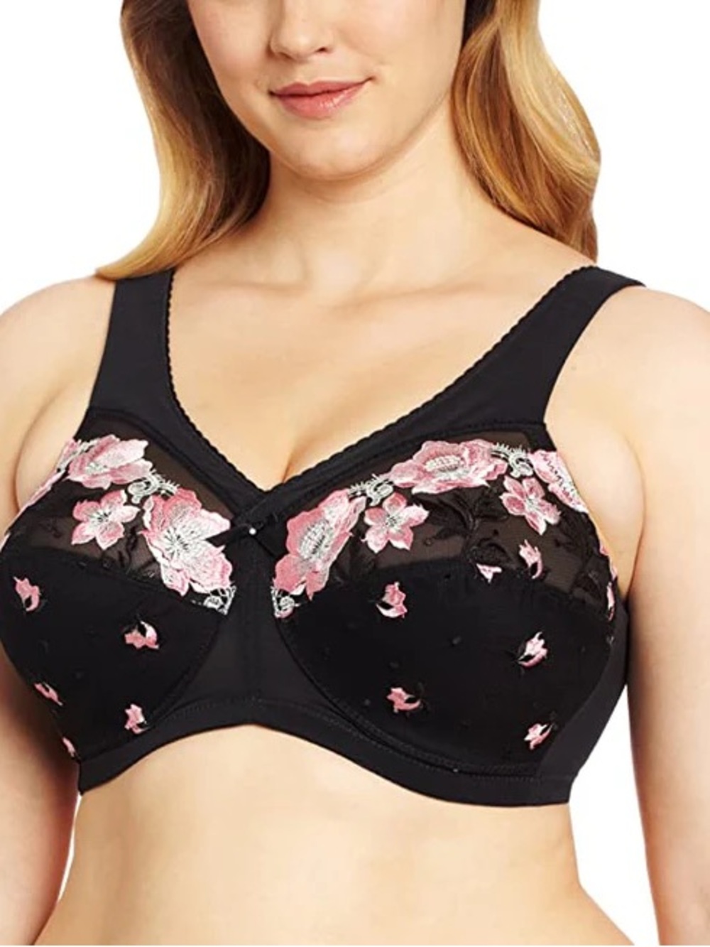 Glamorise 46DD Black Bra with Pink Floral Embroidery Accents